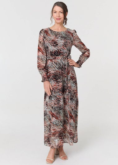 Izabel London Orange Printed Tie Waist Long Sleeve Maxi Dress