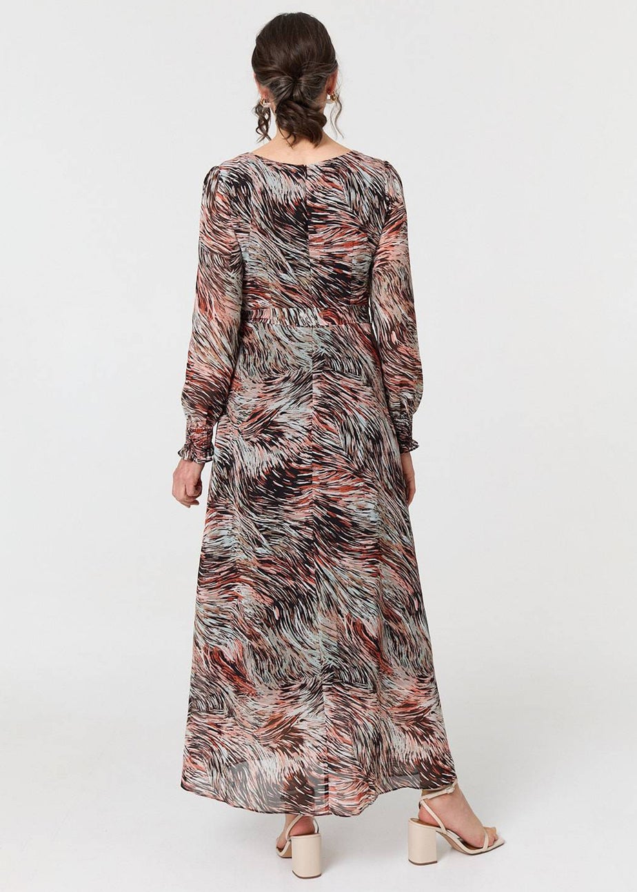 Izabel London Orange Printed Tie Waist Long Sleeve Maxi Dress