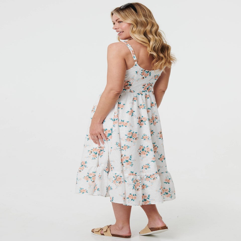 Izabel London White Floral A-Line Cami Strap Midi Dress