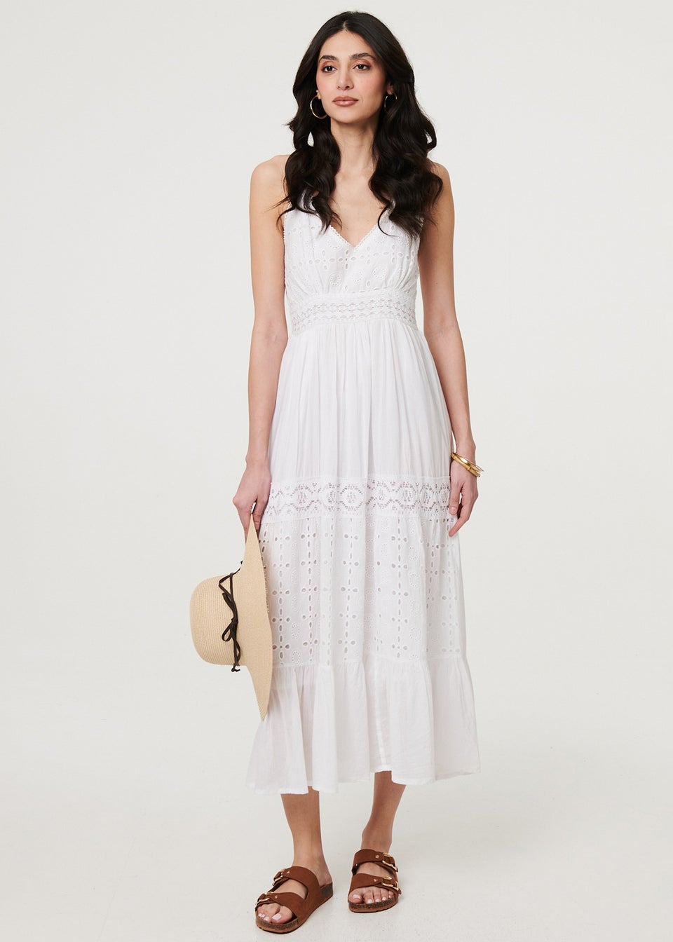 Izabel London White Broderie Anglaise Cami Strap Maxi Dress
