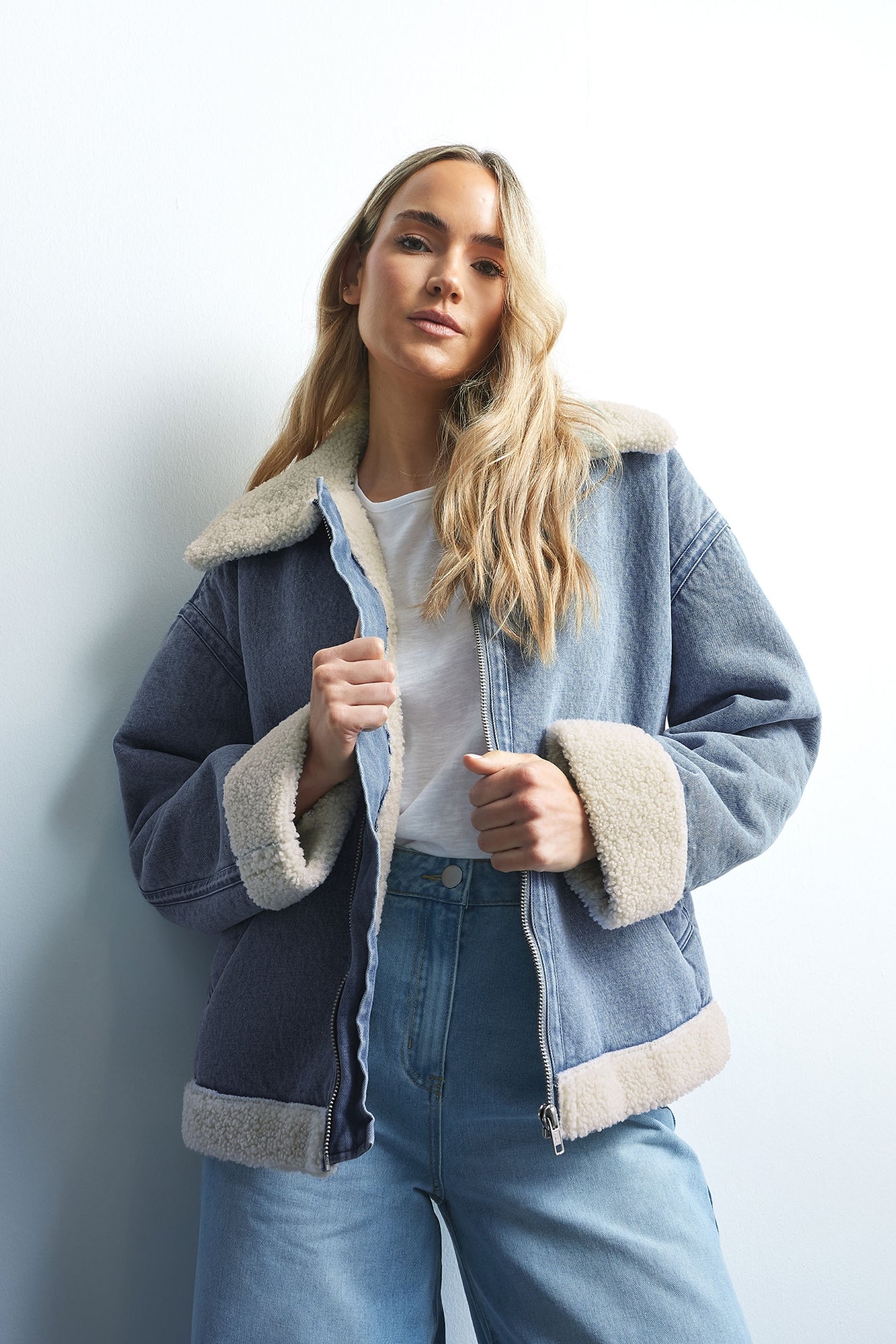 Long Tall Sally Light Blue Denim Borg Zip Jacket - Matalan