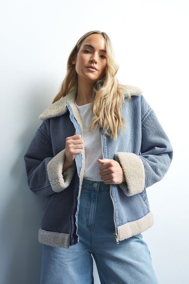 Long Tall Sally Light Blue Denim Borg Zip Jacket