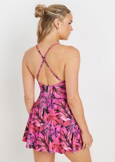 Long Tall Sally Pink Tropical Palm Skirted Swimsuit