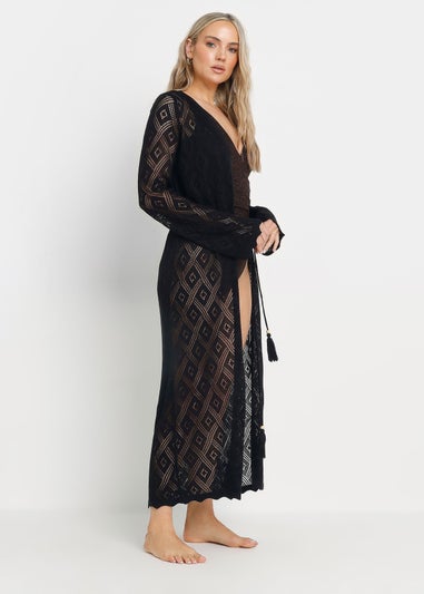 Long Tall Sally Black Crochet Tassel Maxi Cardigan
