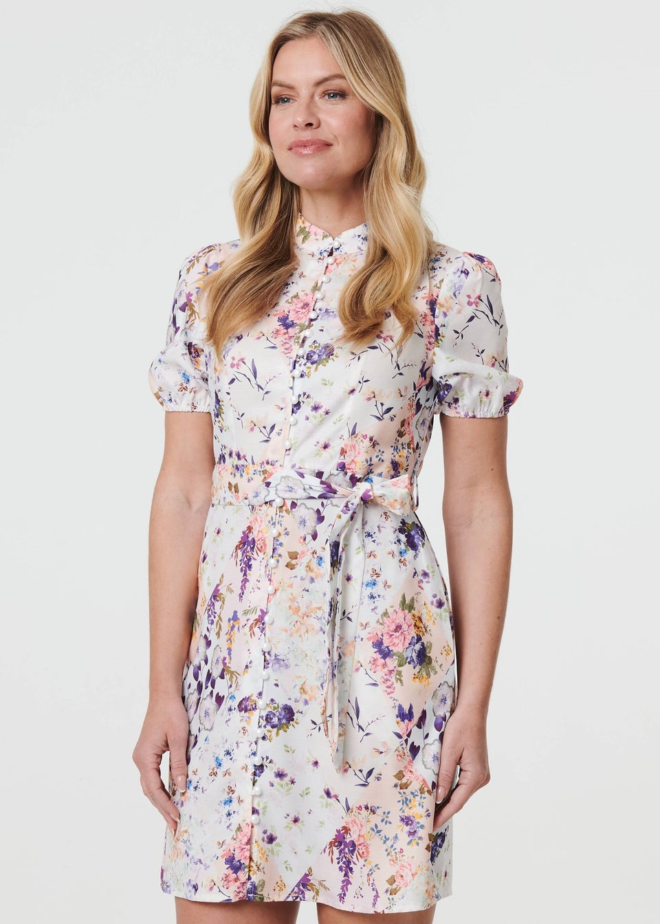 Izabel London White Floral High Neck Tie Waist Short Dress