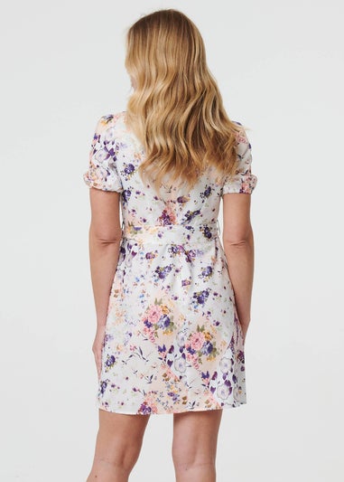 Izabel London White Floral High Neck Tie Waist Short Dress