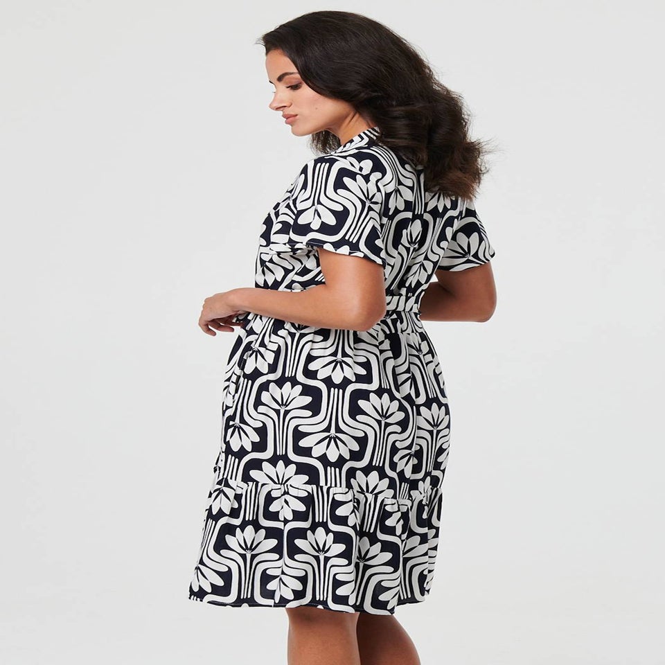 Izabel London Navy Printed Short Sleeve Mini Shirt Dress