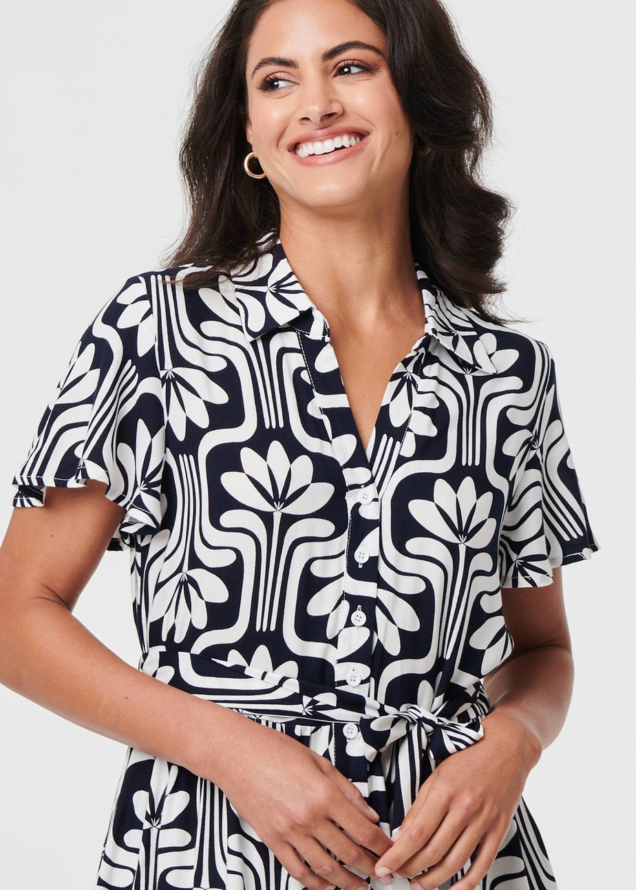 Izabel London Navy Printed Short Sleeve Mini Shirt Dress