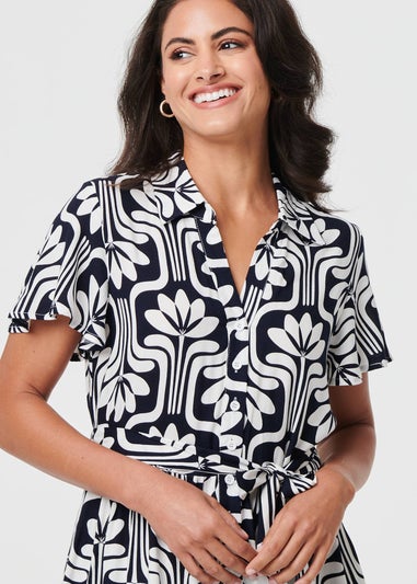 Izabel London Navy Printed Short Sleeve Mini Shirt Dress