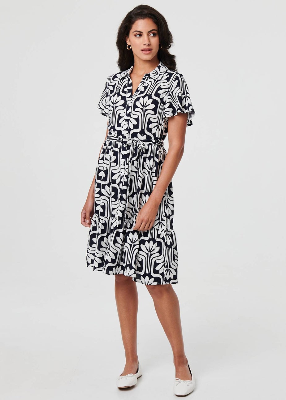 Izabel London Navy Printed Short Sleeve Mini Shirt Dress