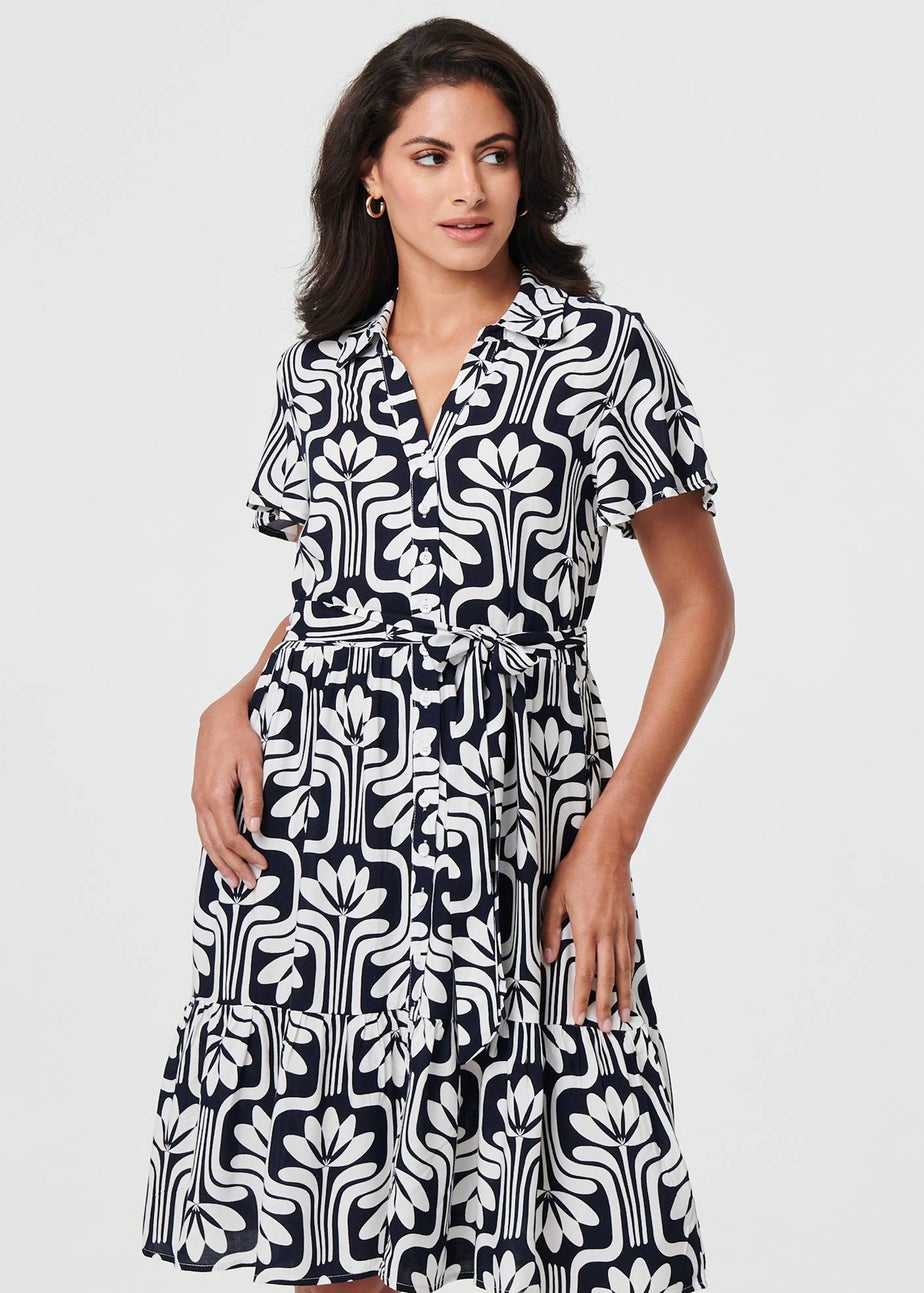 Izabel London Navy Printed Short Sleeve Mini Shirt Dress