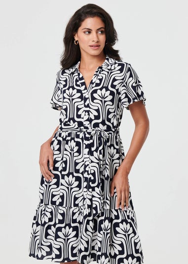 Izabel London Navy Printed Short Sleeve Mini Shirt Dress