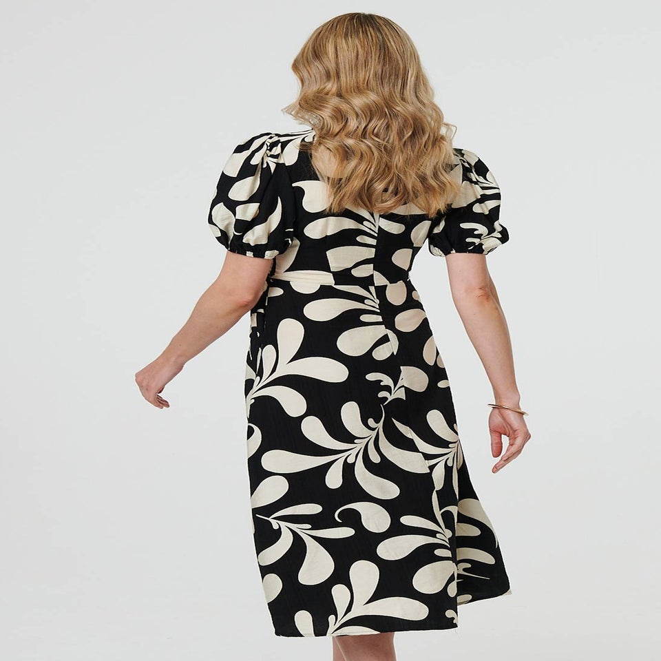 Izabel London Black Leaf Print Puff Sleeve Wrap Midi Dress