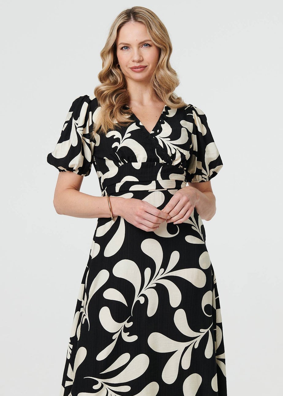 Izabel London Black Leaf Print Puff Sleeve Wrap Midi Dress