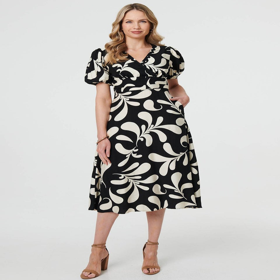 Izabel London Black Leaf Print Puff Sleeve Wrap Midi Dress