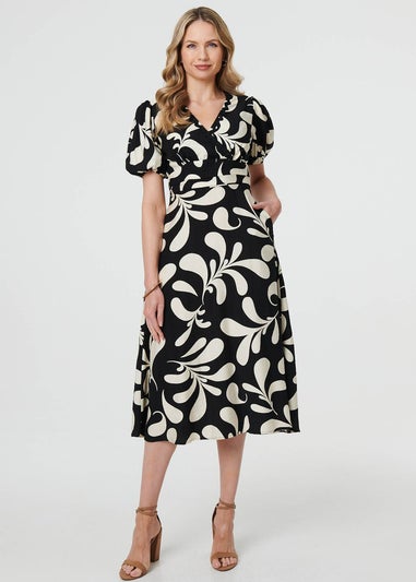 Izabel London Black Leaf Print Puff Sleeve Wrap Midi Dress