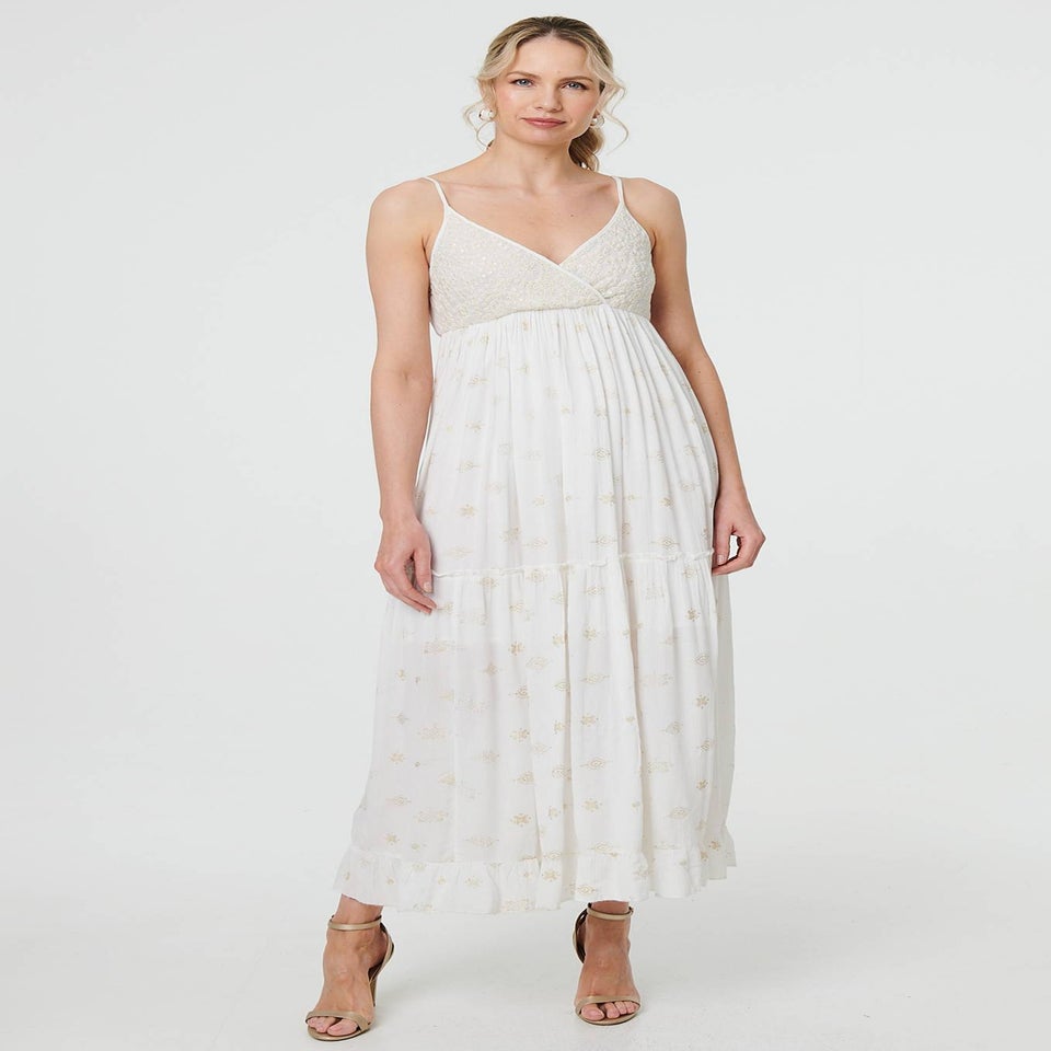 Izabel London White Textured Cami Strap Empire Maxi Dress