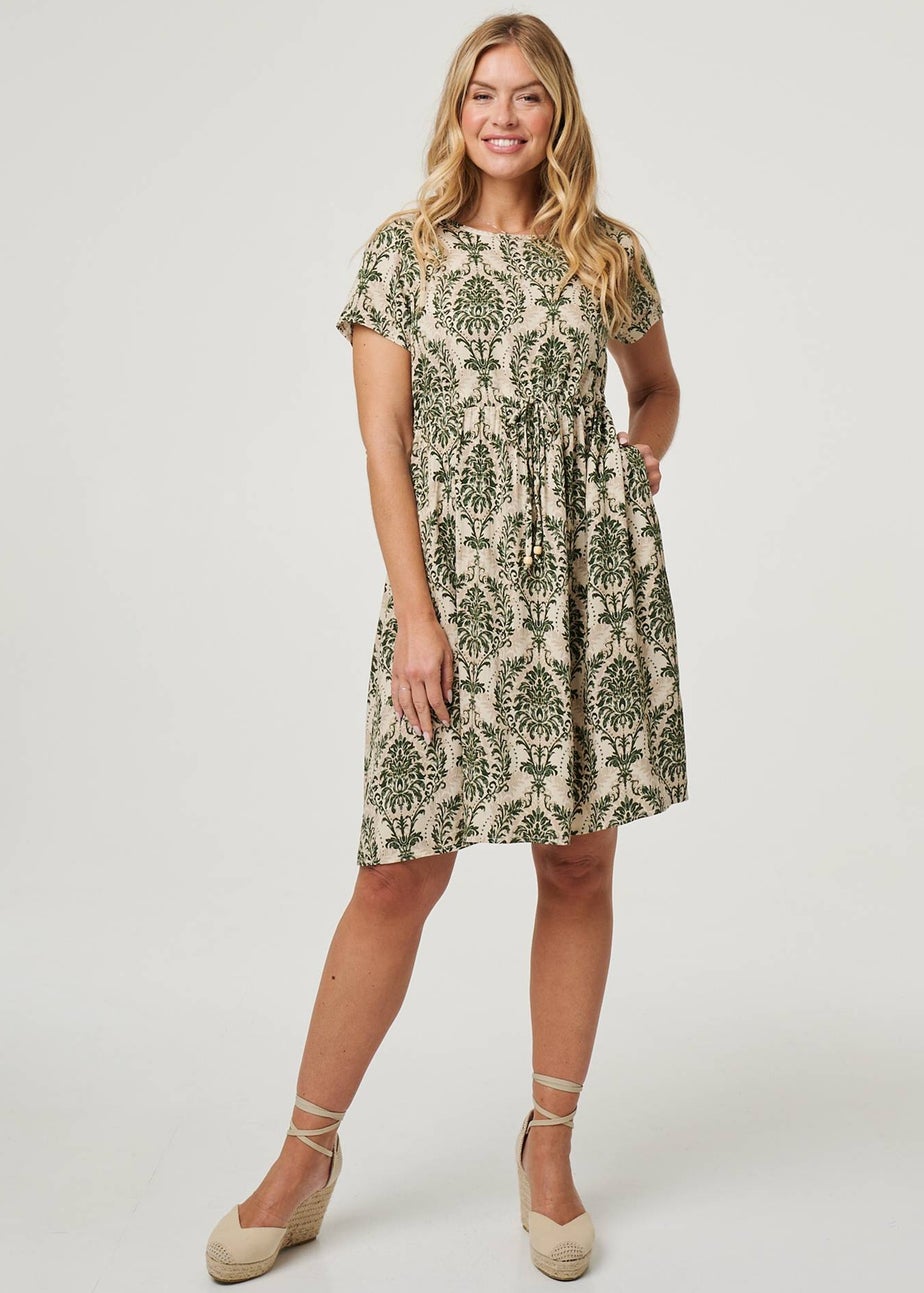 Izabel London Green Baroque Print Relaxed Knee Length Dress