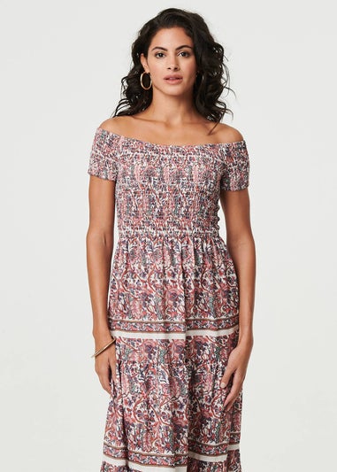 Izabel London Pink Ditsy Floral Bardot Smocked Midi Dress