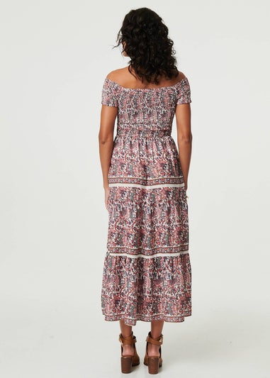 Izabel London Pink Ditsy Floral Bardot Smocked Midi Dress