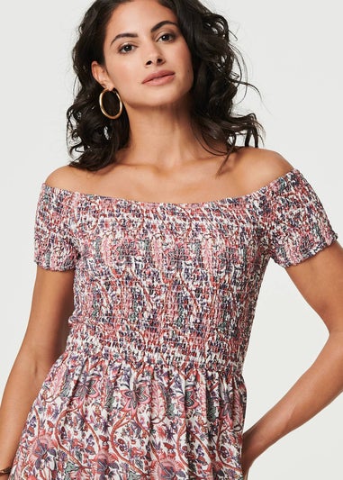Izabel London Pink Ditsy Floral Bardot Smocked Midi Dress