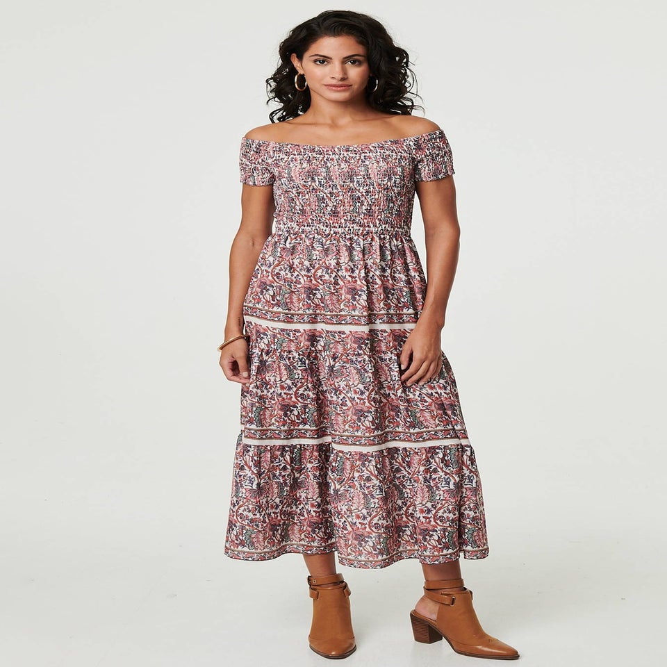 Izabel London Pink Ditsy Floral Bardot Smocked Midi Dress
