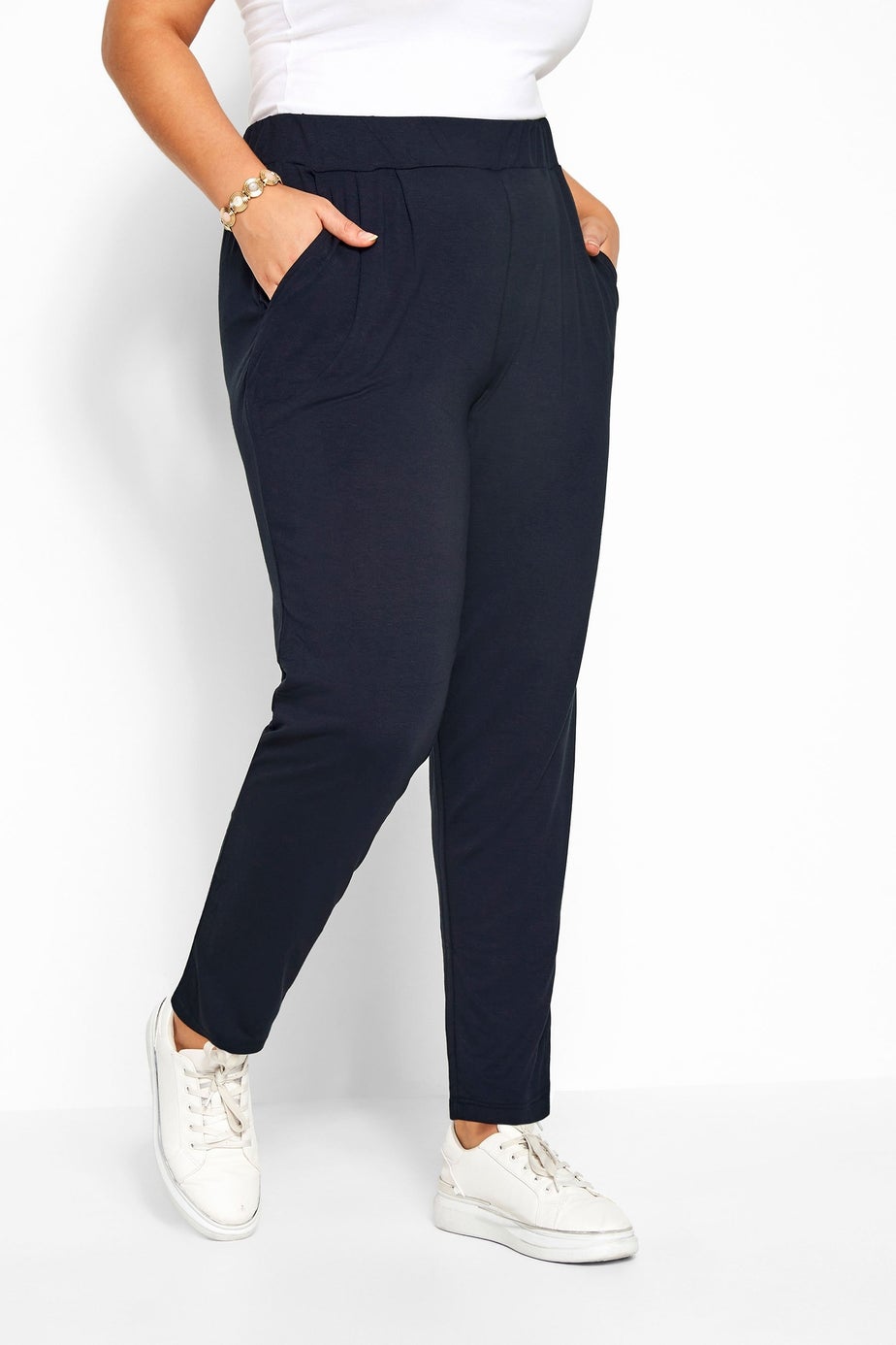Yours Curve Navy Blue Double Pleat Stretch Jersey Joggers
