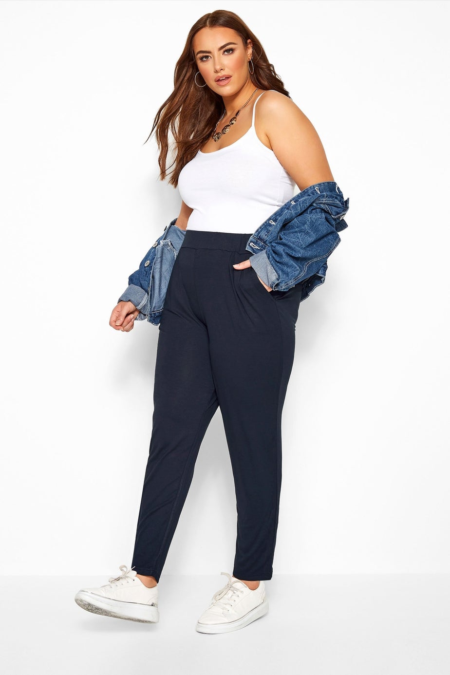 Yours Curve Navy Blue Double Pleat Stretch Jersey Joggers