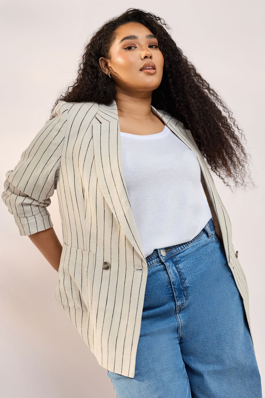 Yours Curve Beige Brown Stripe Tailored Linen Blazer