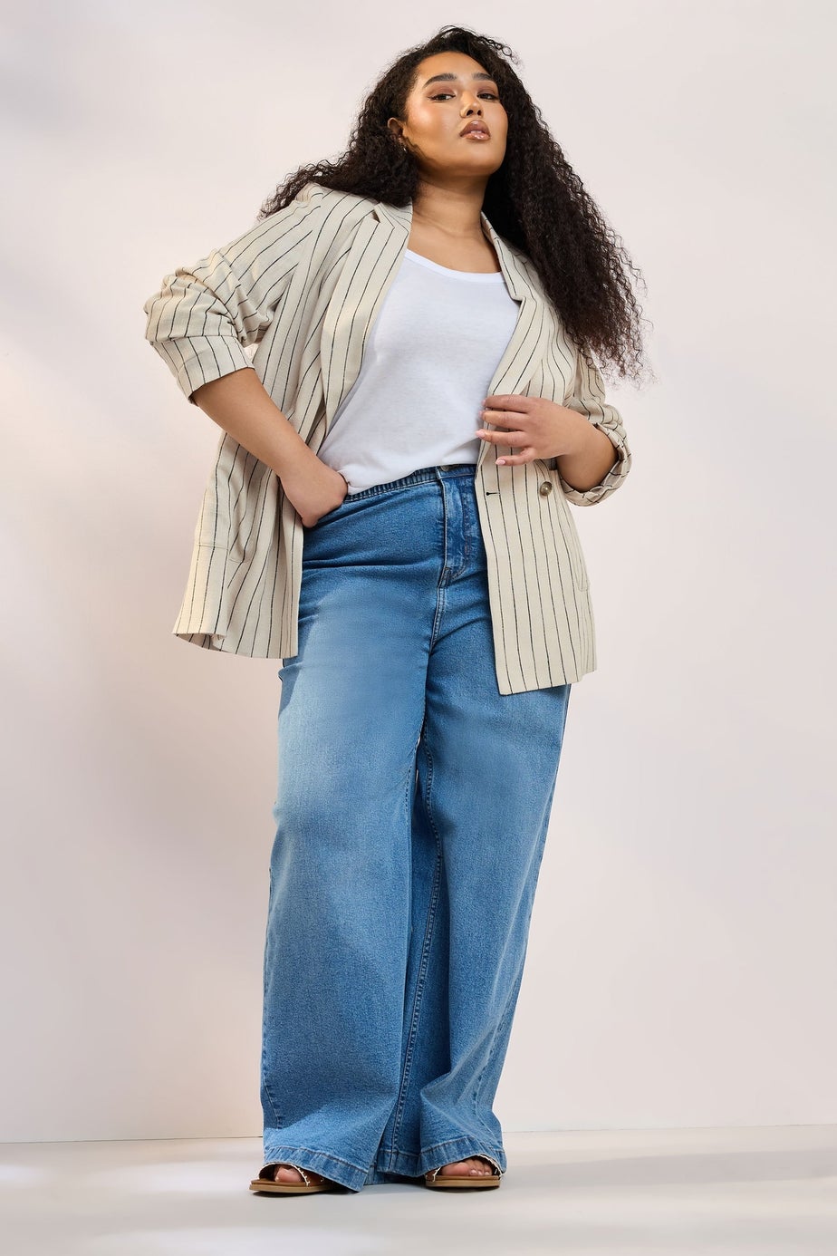 Yours Curve Beige Brown Stripe Tailored Linen Blazer