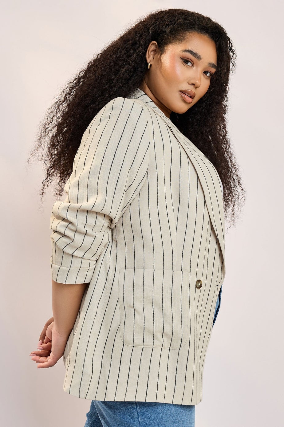 Yours Curve Beige Brown Stripe Tailored Linen Blazer