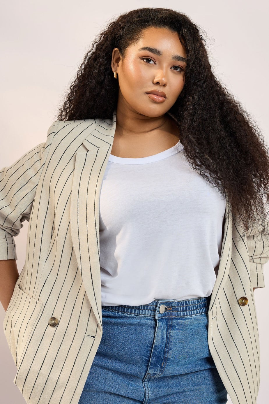 Yours Curve Beige Brown Stripe Tailored Linen Blazer