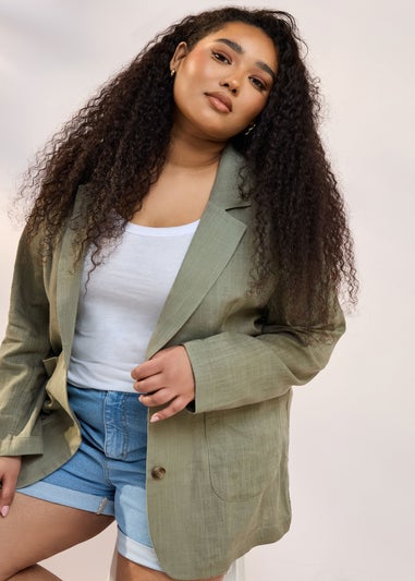 Yours Curve Khaki Green Relaxed Linen Blazer