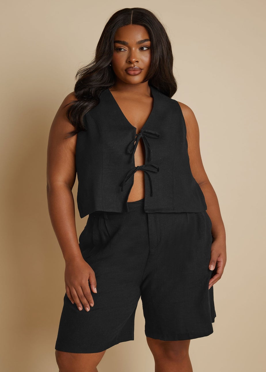 YOURS Curve Black Cropped Bow Tie Front Linen Waistcoat