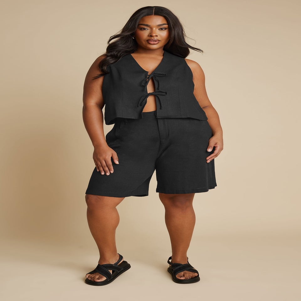 YOURS Curve Black Cropped Bow Tie Front Linen Waistcoat