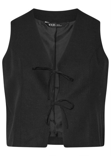 YOURS Curve Black Cropped Bow Tie Front Linen Waistcoat