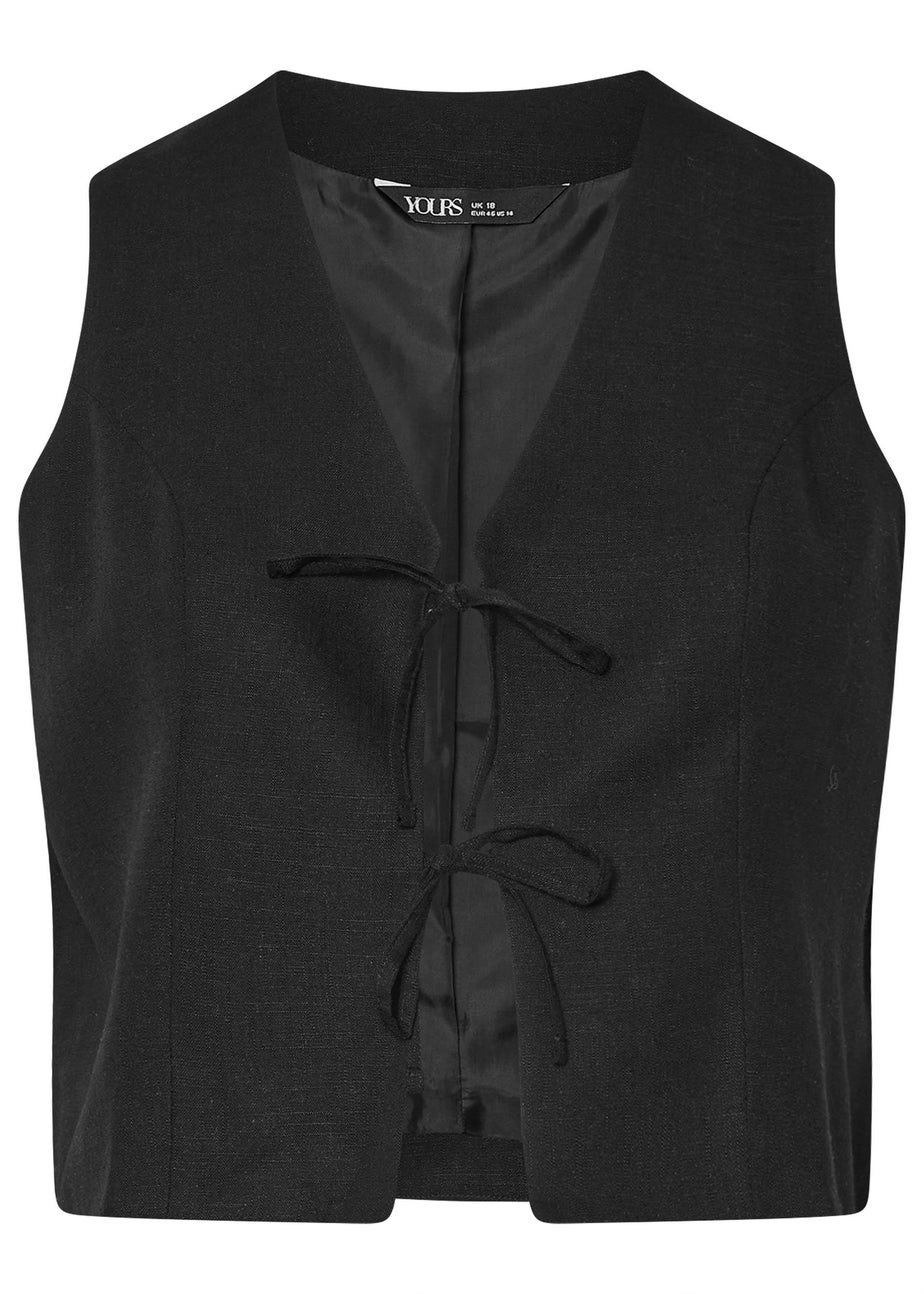 YOURS Curve Black Cropped Bow Tie Front Linen Waistcoat