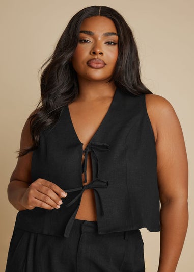 YOURS Curve Black Cropped Bow Tie Front Linen Waistcoat