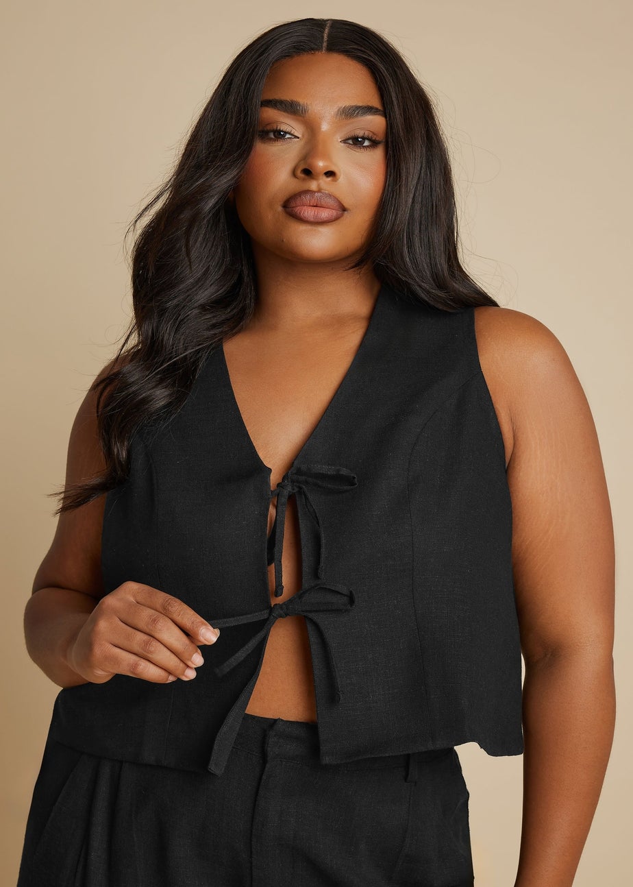 YOURS Curve Black Cropped Bow Tie Front Linen Waistcoat