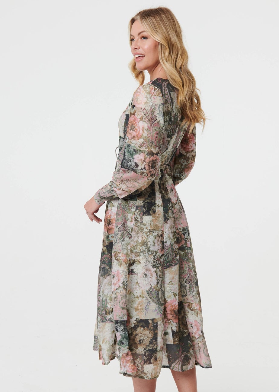 Izabel London Olive Patchwork Print Tie Waist Midi Dress