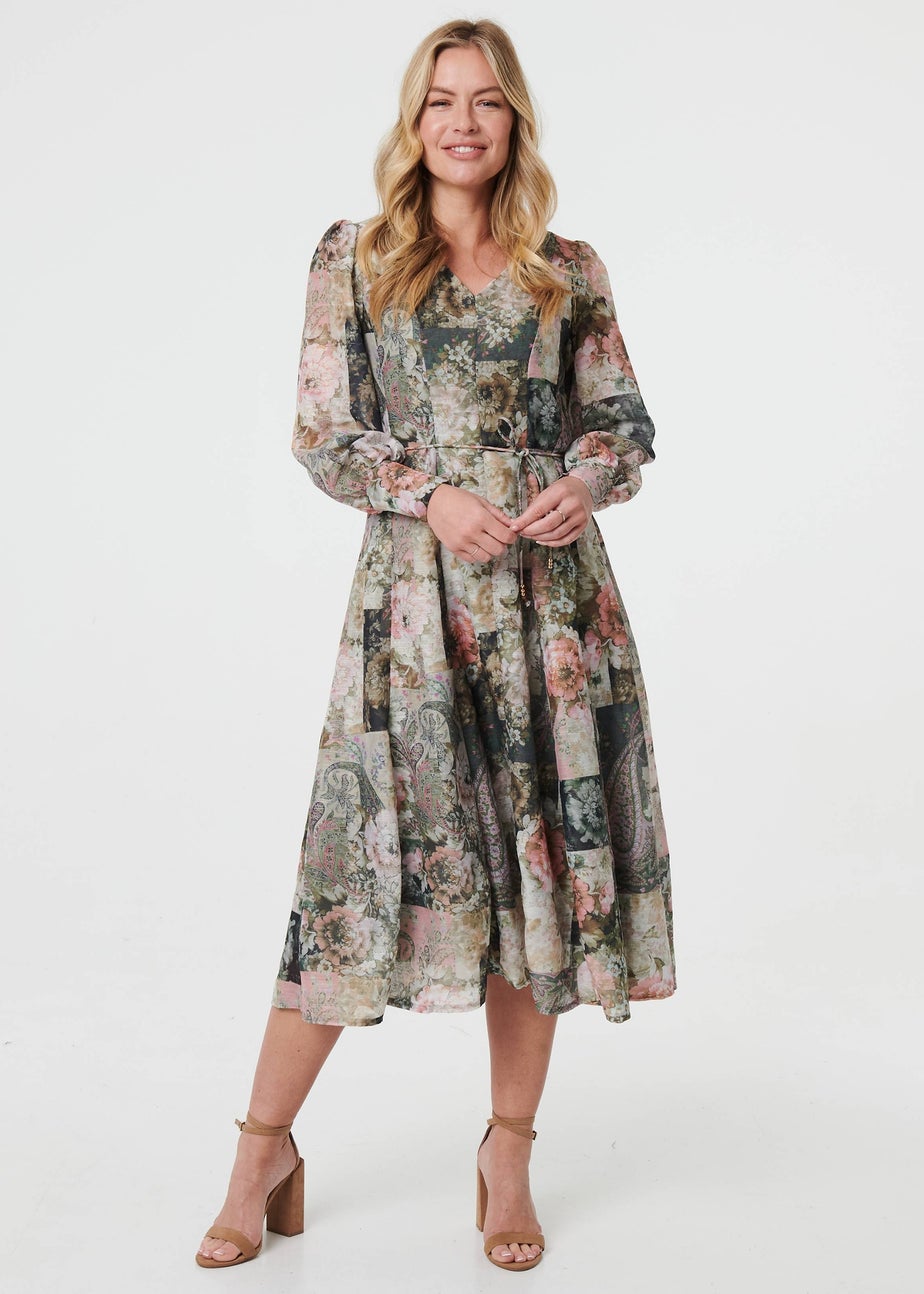 Izabel London Olive Patchwork Print Tie Waist Midi Dress