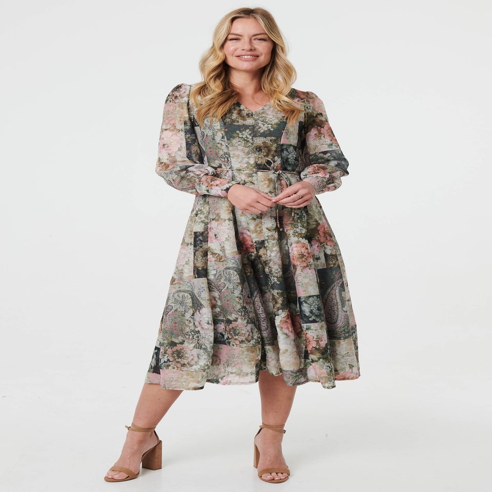 Izabel London Olive Patchwork Print Tie Waist Midi Dress