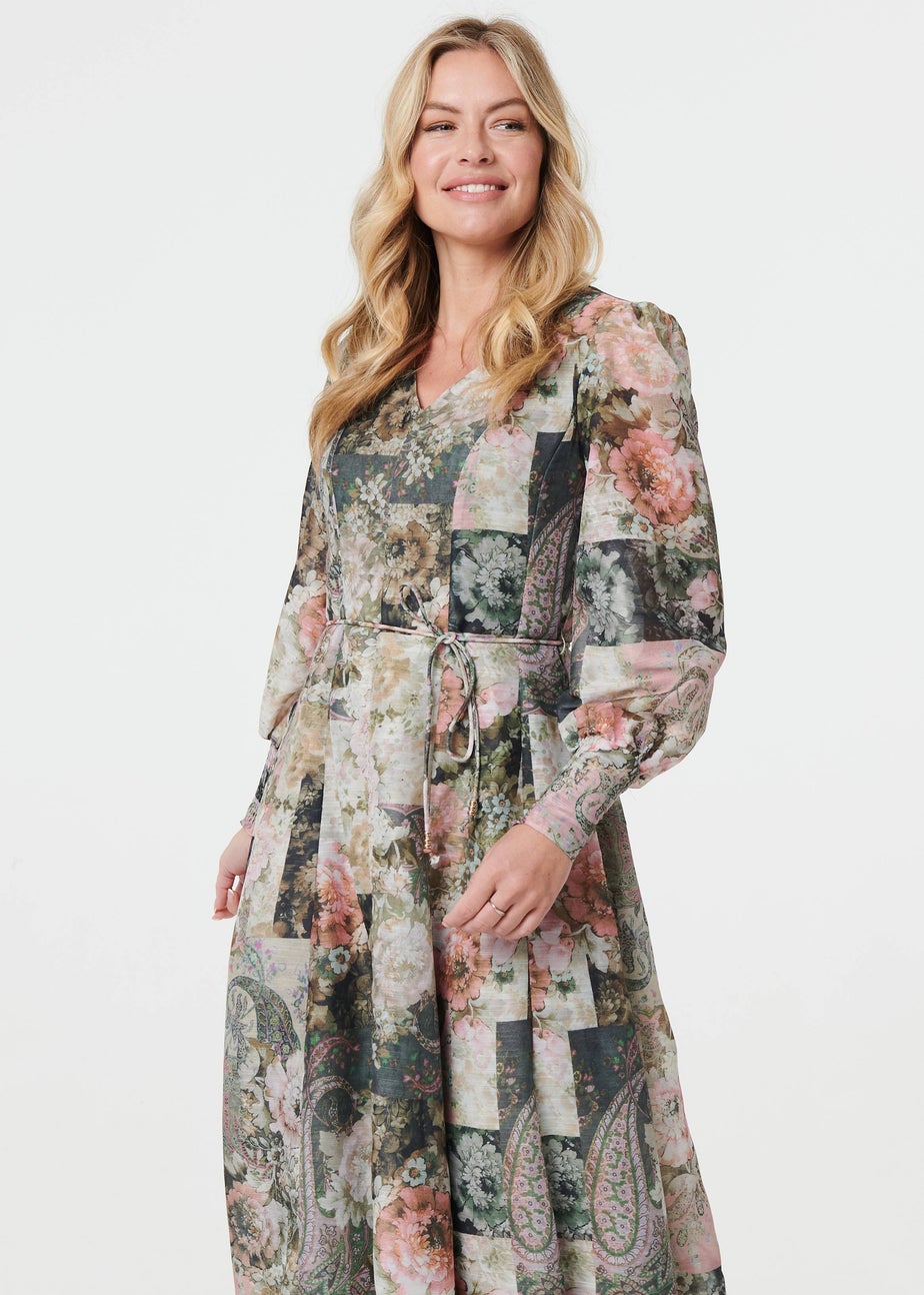 Izabel London Olive Patchwork Print Tie Waist Midi Dress