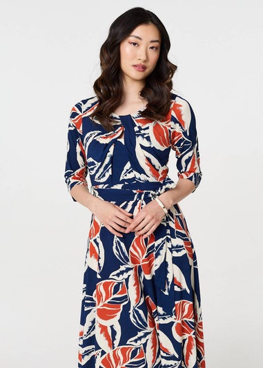 Izabel London Navy Floral Ruched 3/4 Sleeve Midi Dress