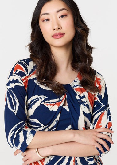 Izabel London Navy Floral Ruched 3/4 Sleeve Midi Dress