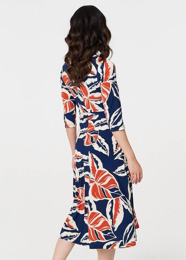 Izabel London Navy Floral Ruched 3/4 Sleeve Midi Dress