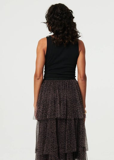 Izabel London Brown Animal Print Tiered Midi Skirt
