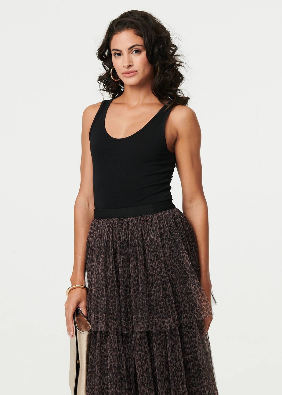 Izabel London Brown Animal Print Tiered Midi Skirt