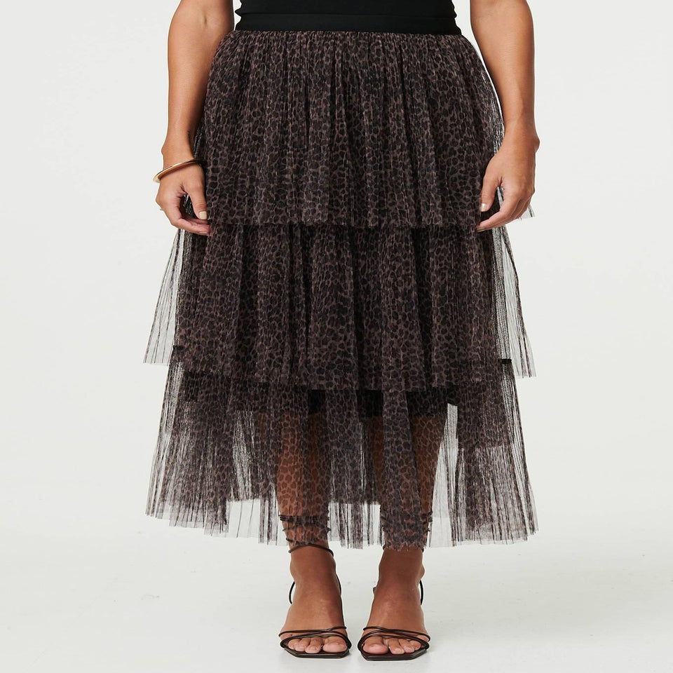 Izabel London Brown Animal Print Tiered Midi Skirt