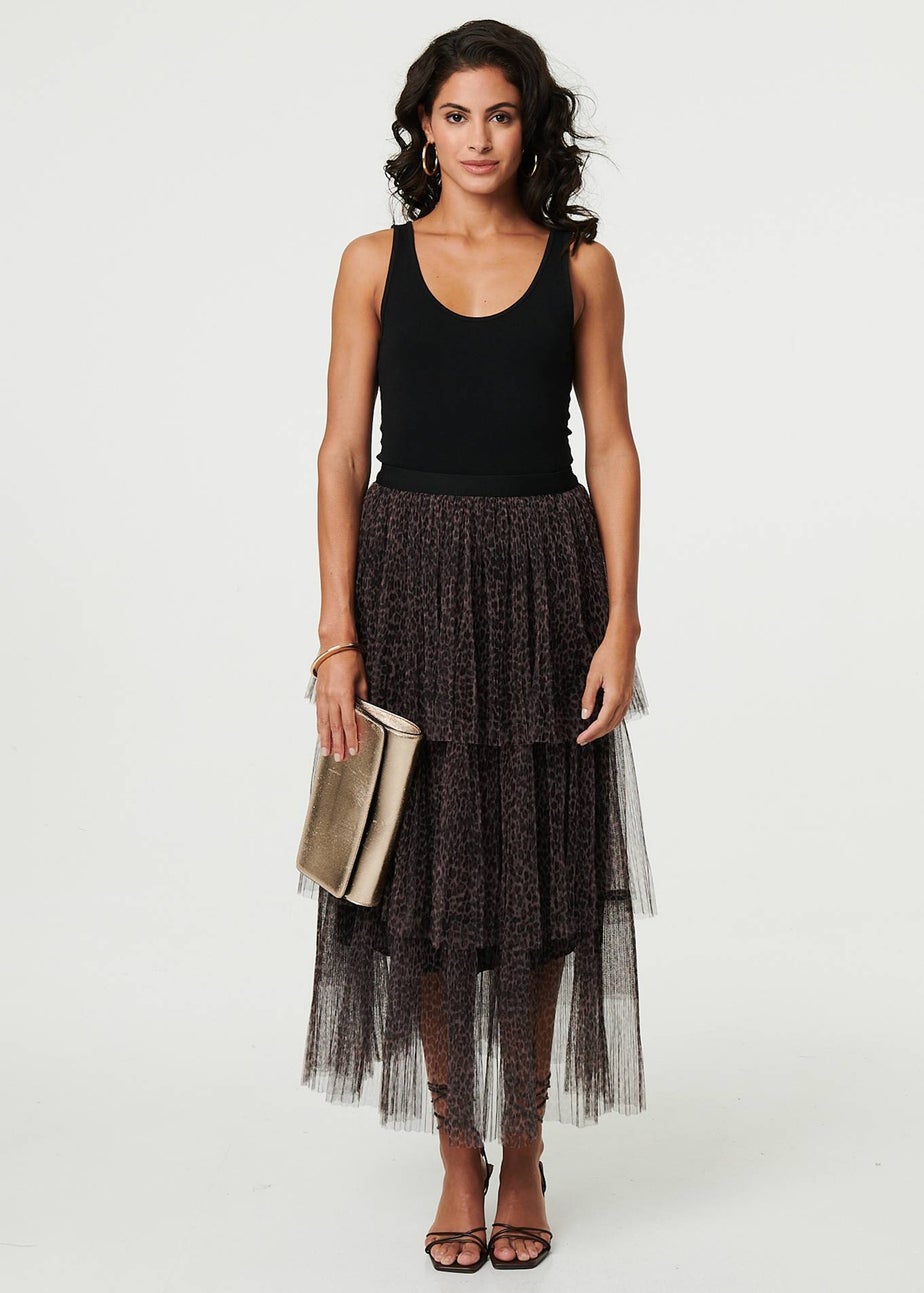 Izabel London Brown Animal Print Tiered Midi Skirt